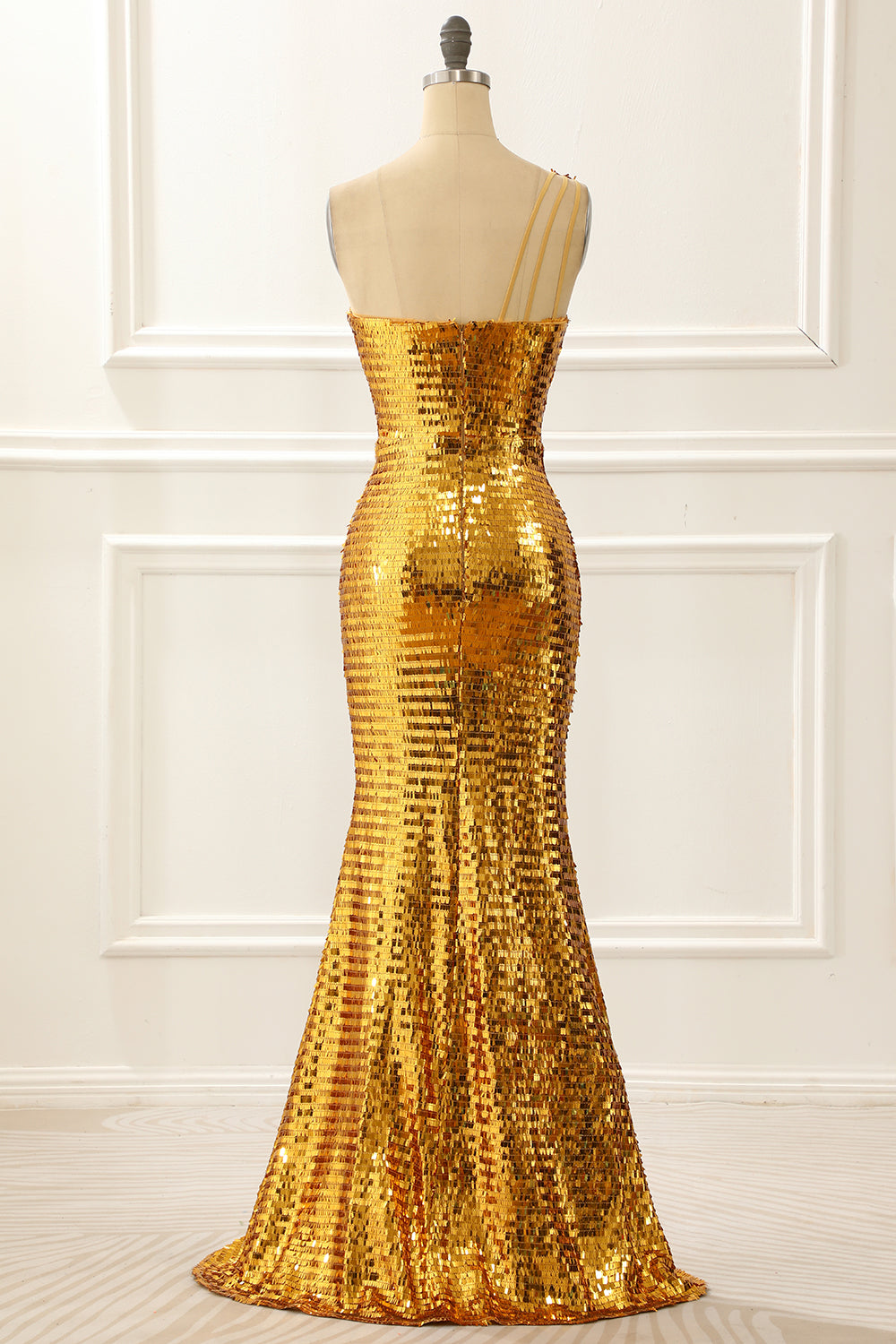 Luolandi One Shoulder Gold Sparkly Prom Dress With Slit Floor Length Evening Dress